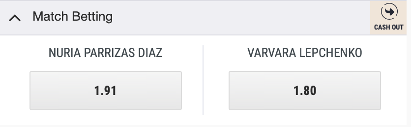 Tennis match betting market between two players - Nuria Parrizas Diaz and Varvara Lepchenko